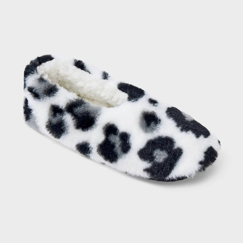 Women's Leopard Faux Fur Cozy Pull-on Slipper Socks wit White/Black M/L